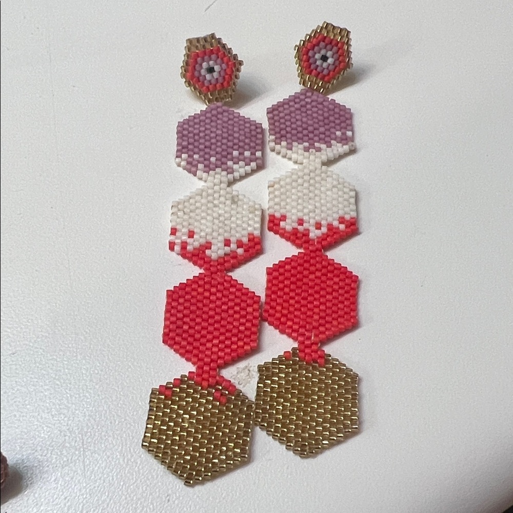 Handcrafted Pink, White & Red Beaded Hexagon Drop Earrings